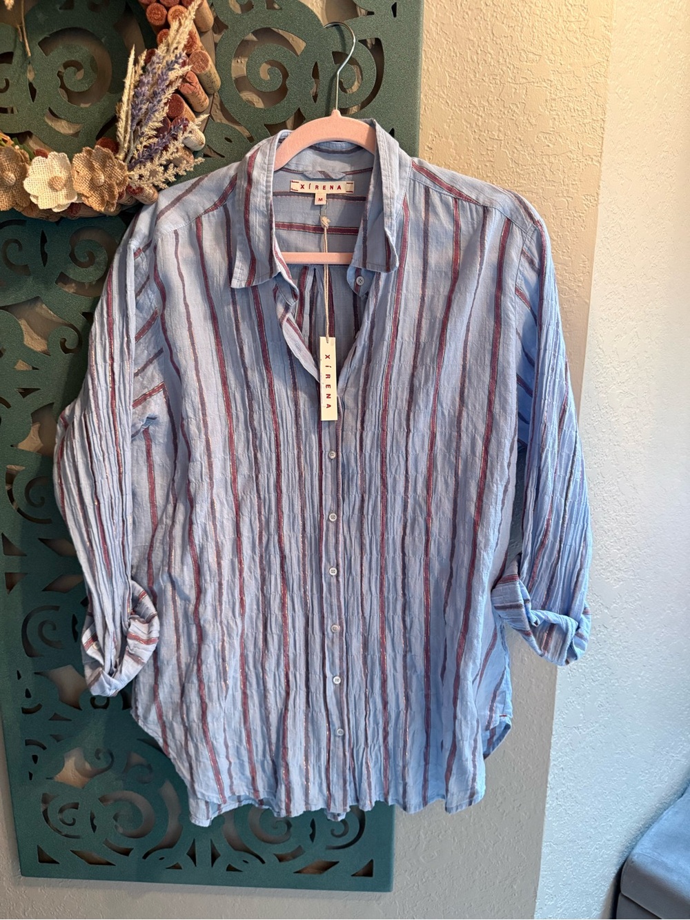 XiRENA Light Blue Striped Button-Down Shirt Red & Navy and Mild Metallic Gold